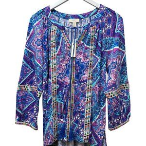 Cupio Boho Peasant Top Size Large Womens Tunic Tee Blouse Blue Paisley NWT